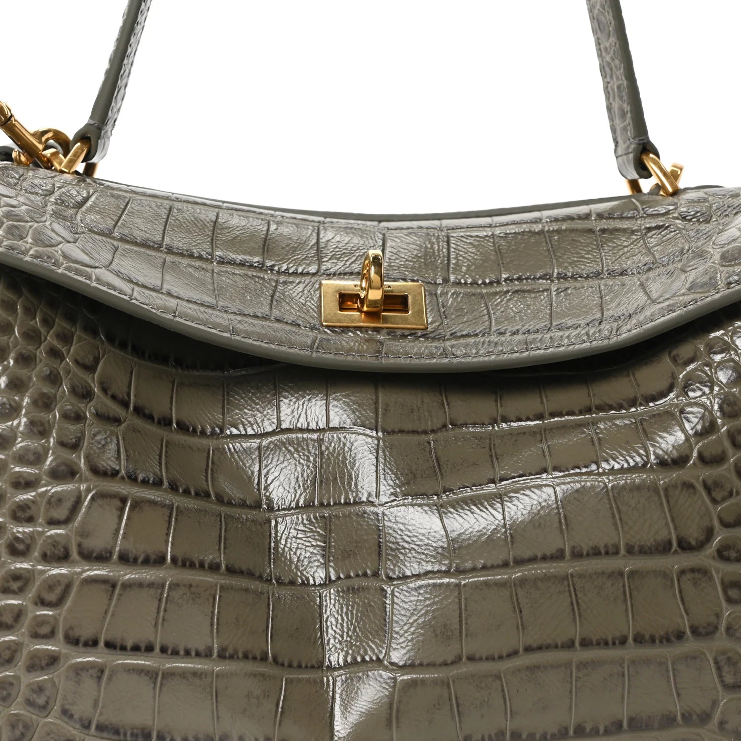 Shiny Calfskin Crocodile Embossed Small Rodeo Top Handle Handbag Army Green