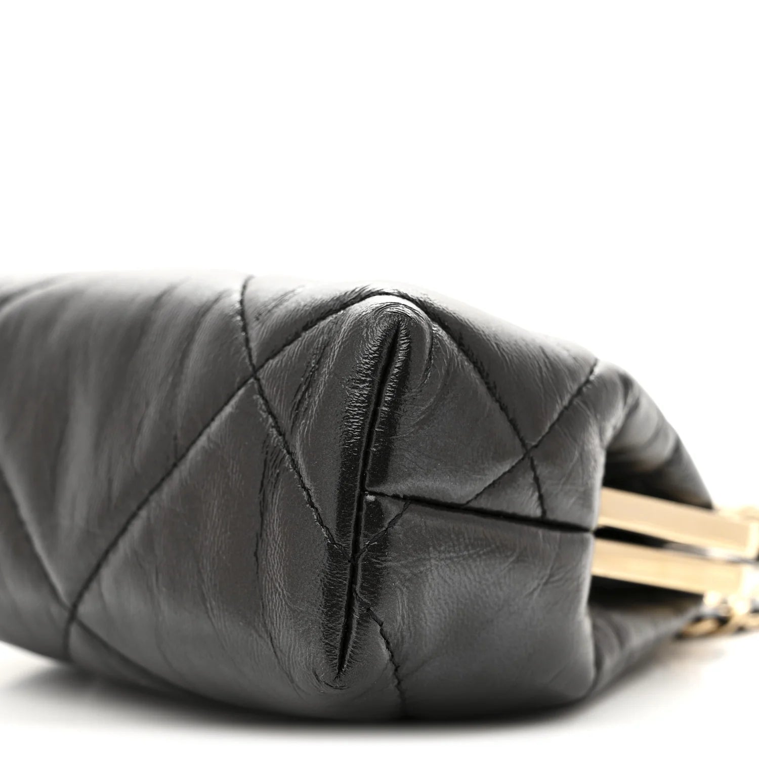Shiny Aged Lambskin Quilted Kiss Lock Clutch with Chain Black