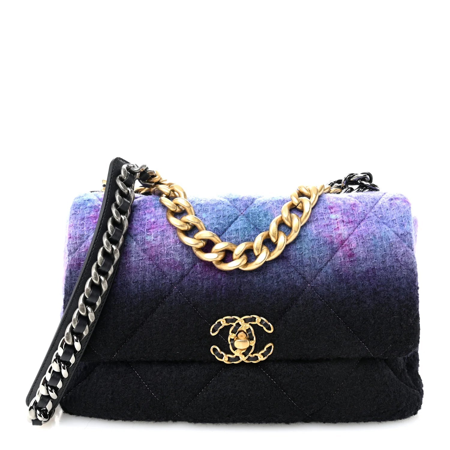 Wool Tweed Quilted Large  19 Flap Purple Black Blue