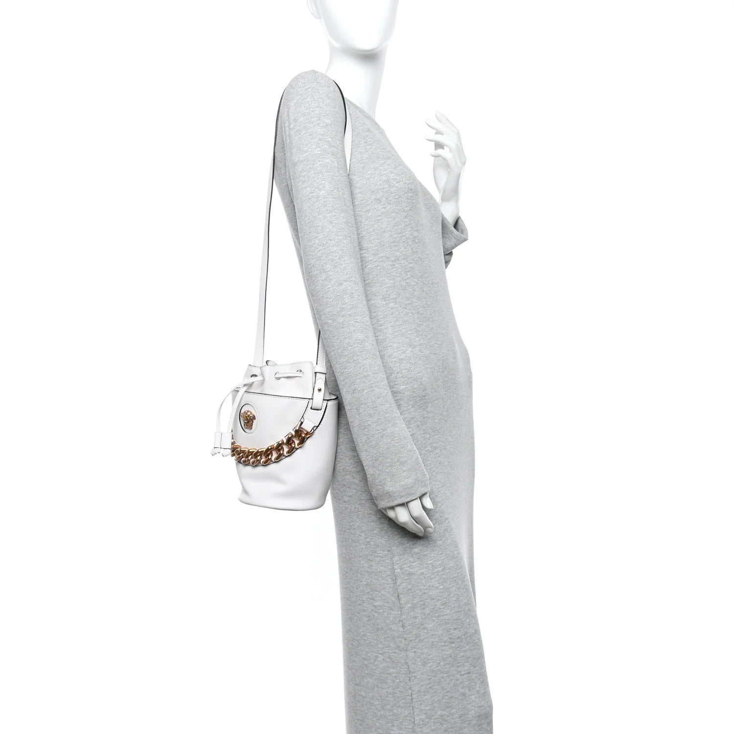 Grained Calfskin La Medusa Drawstring Bucket Bag Optical White