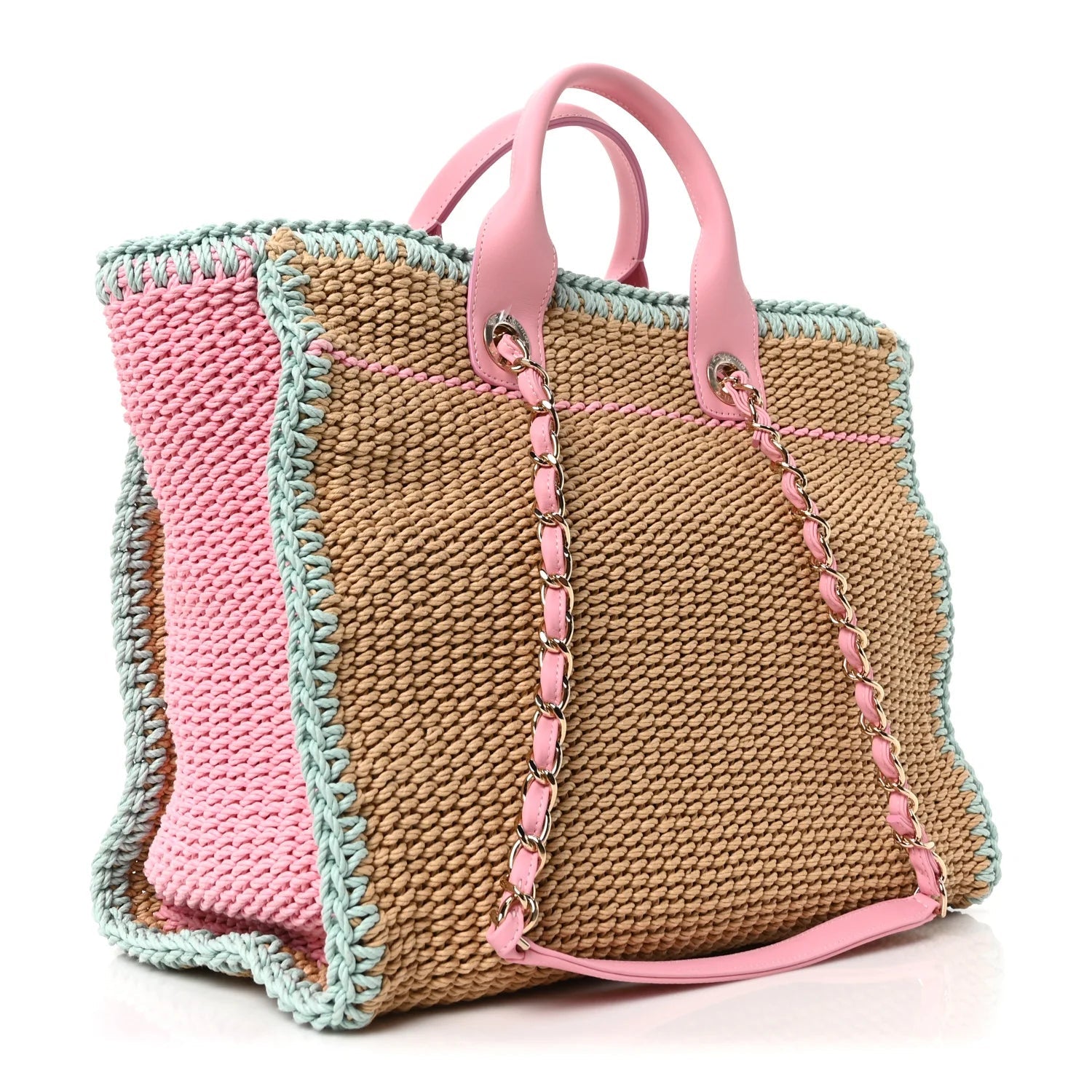Raffia Crochet Medium Deauville Tote Beige Light Pink Green