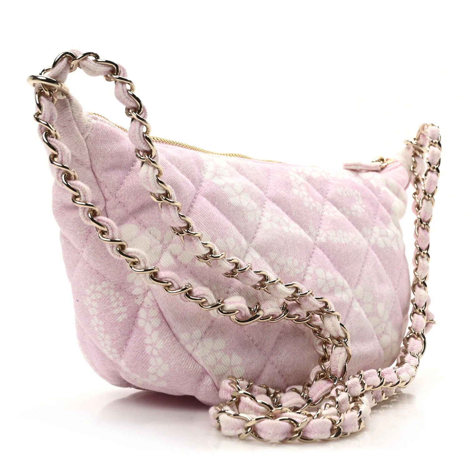 Printed Denim Quilted Large Hobo Bag Light Pink White