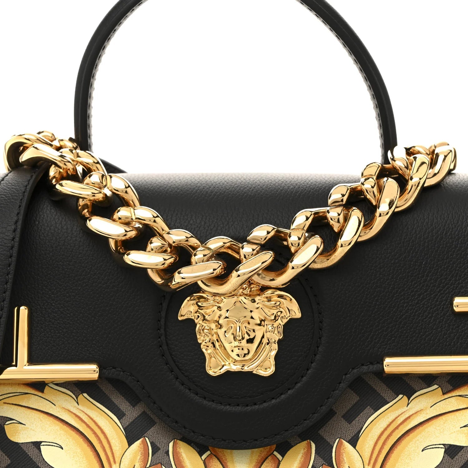 X FENDI Grained Calfskin Fendace La Medusa Medium Top Handle Bag Black Multicolor