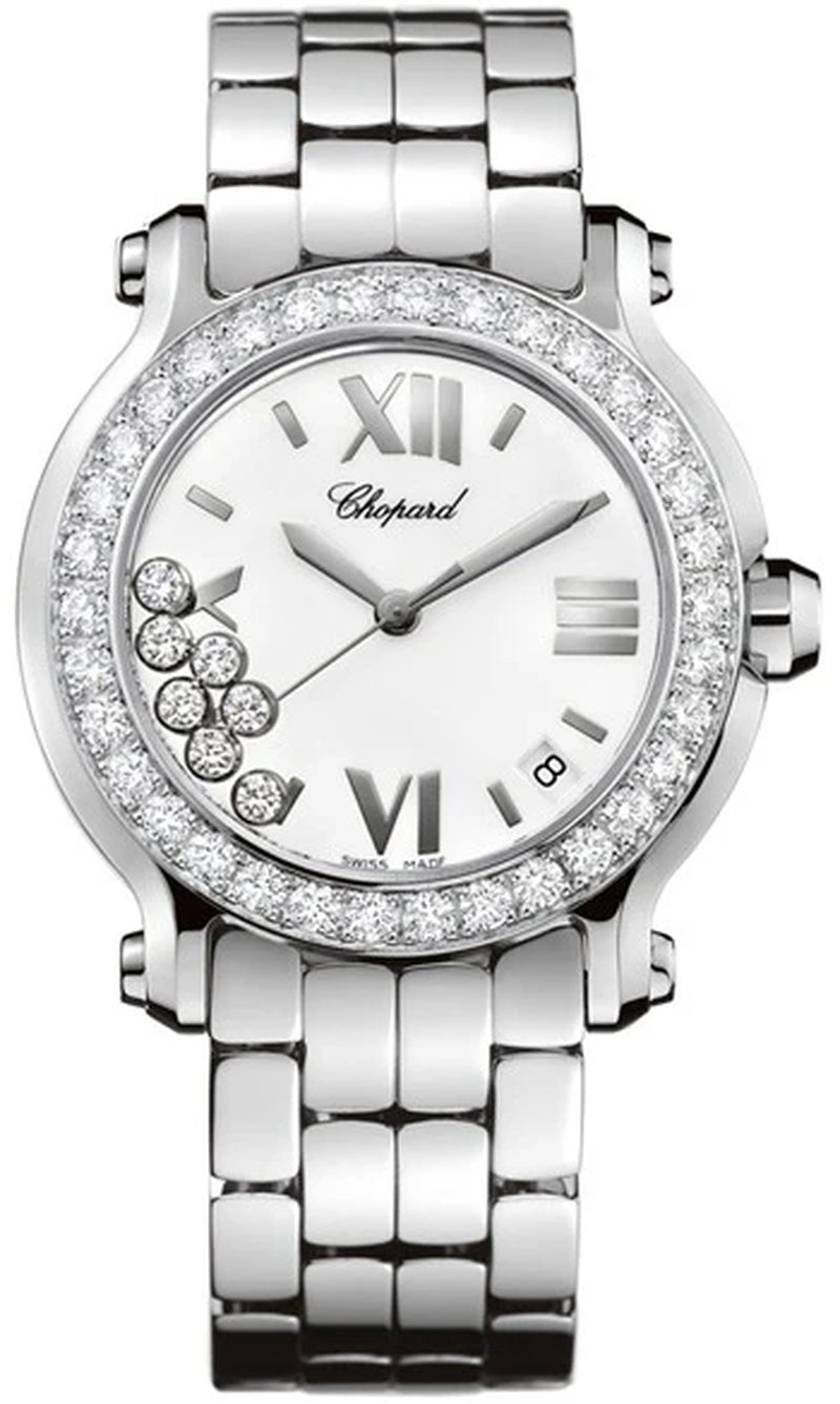 Unworn  Happy Sport, Stainless Steel and 18K White Gold, 7 Floating Diamonds, 36Mm, Ref# 278478-2001, Box and Papers