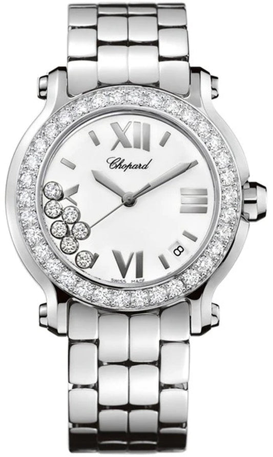 Unworn  Happy Sport, Stainless Steel and 18K White Gold, 7 Floating Diamonds, 36Mm, Ref# 278478-2001, Box and Papers