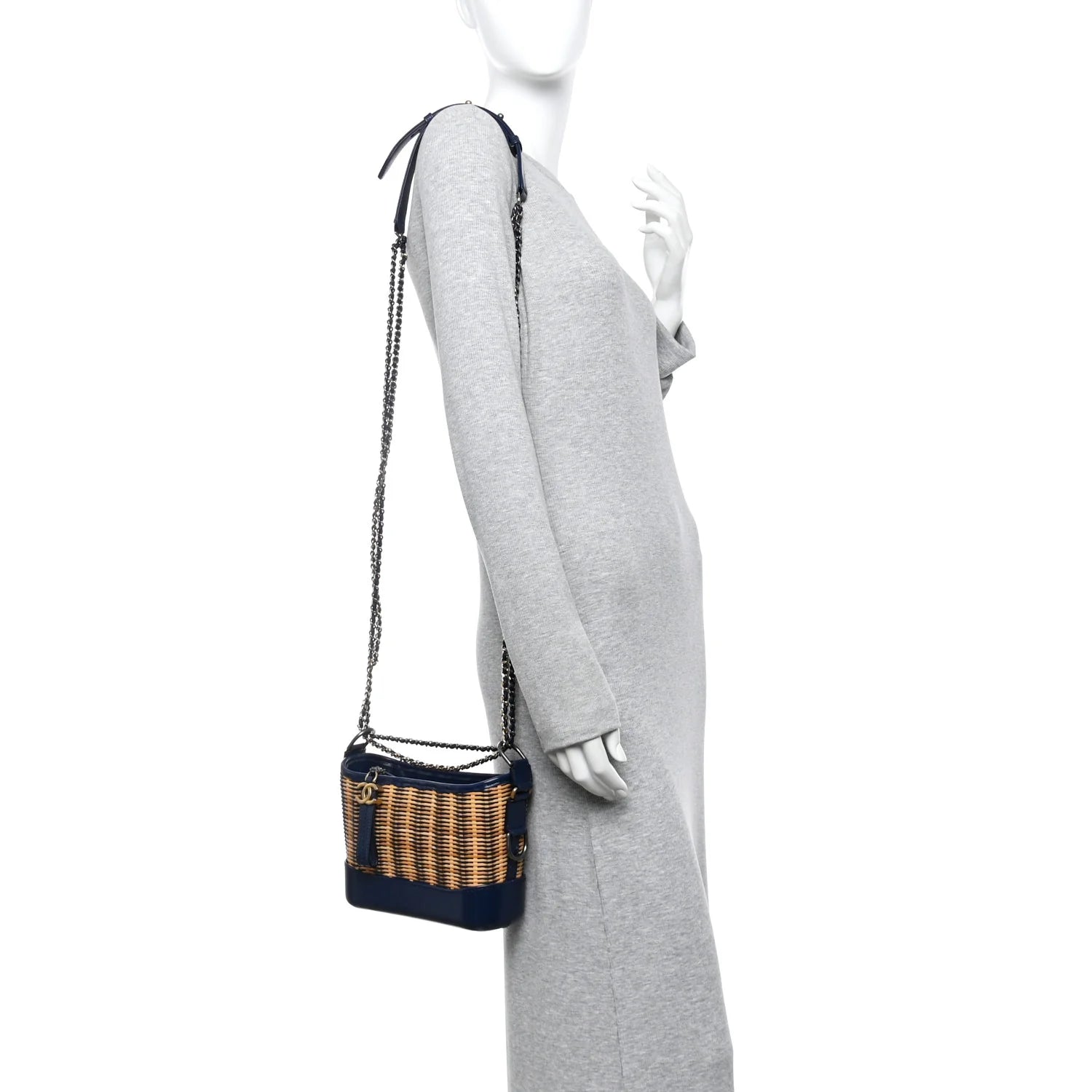 Rattan Calfskin Small Gabrielle Hobo Beige Navy