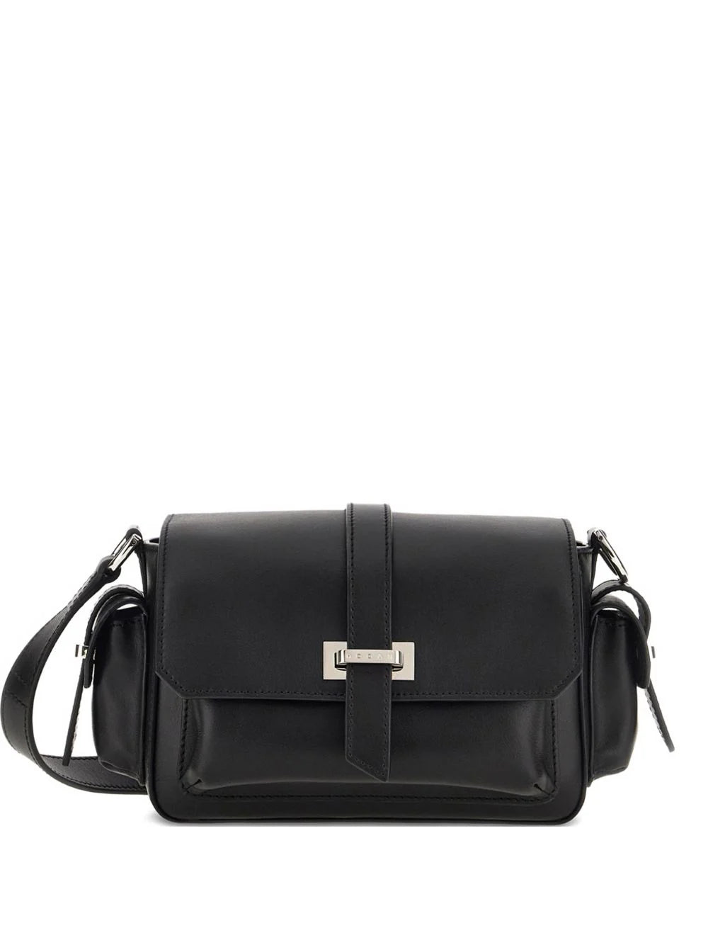 SMALL FLAP BAG in LEATHER, BLACK COLOR, VERSATILE SHOULDER STRAP, SEMI-HIDDEN FRONT POCKET and SIDE POCKETS with FLAPS and STRAPS.