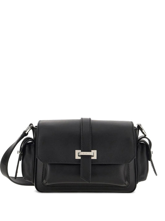 SMALL FLAP BAG in LEATHER, BLACK COLOR, VERSATILE SHOULDER STRAP, SEMI-HIDDEN FRONT POCKET and SIDE POCKETS with FLAPS and STRAPS.