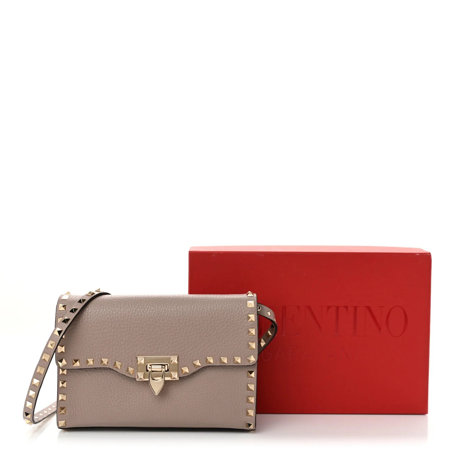 Pebbled Calfskin Medium Rockstud Flip Lock Crossbody Bag Poudre