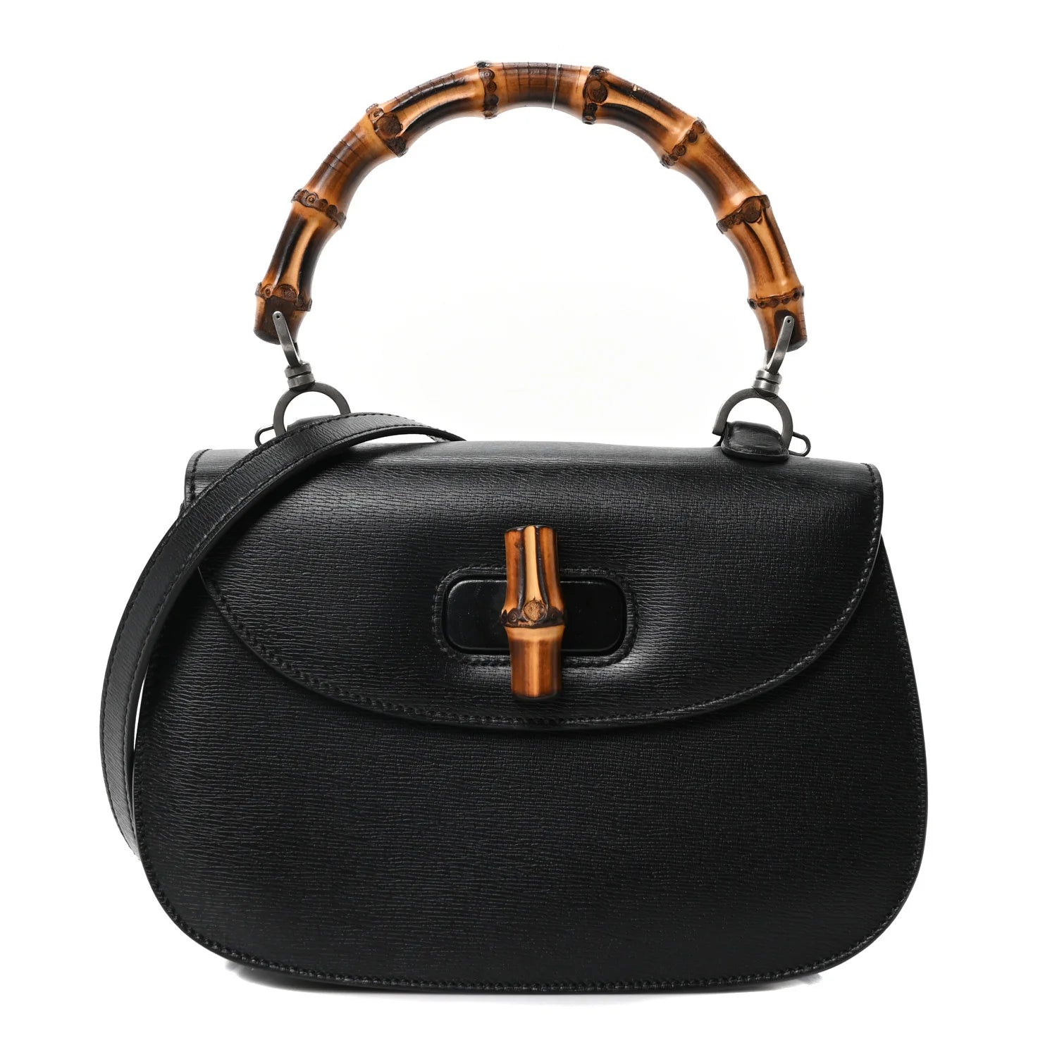 Shangai Calfskin Small Classic Bamboo Top Handle Bag Black