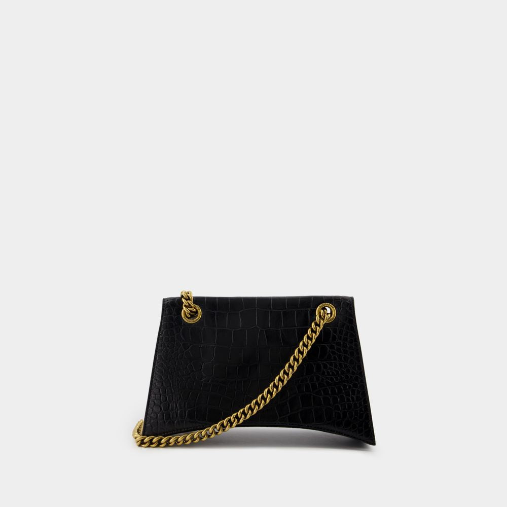 CRUSH CHAIN SMALL BAG in CROCODILE-EMBOSSED LEATHER. DIMENSIONS: L24.9 X H14 X W7.9 CM. 49.8 CM LONG CHAIN SHOULDER STRAP. CURVILINEAR BOTTOM. AGED GOLD FINISH. STUDDED MAGNET