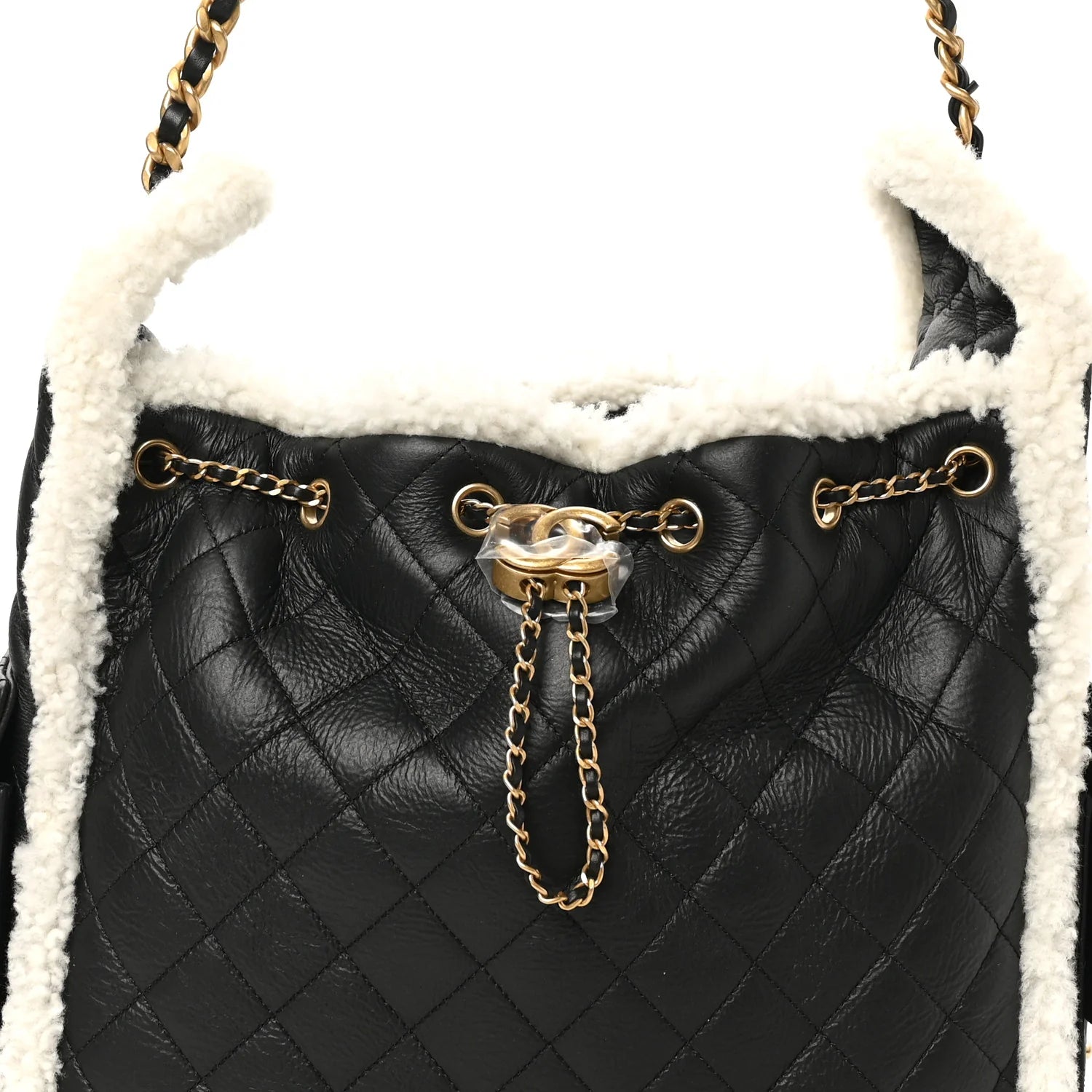 Crumpled Sheepskin Shearling Quilted Medium  25 Handbag Black White