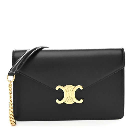 Shiny Calfskin Triomphe Margo Wallet on Chain Black