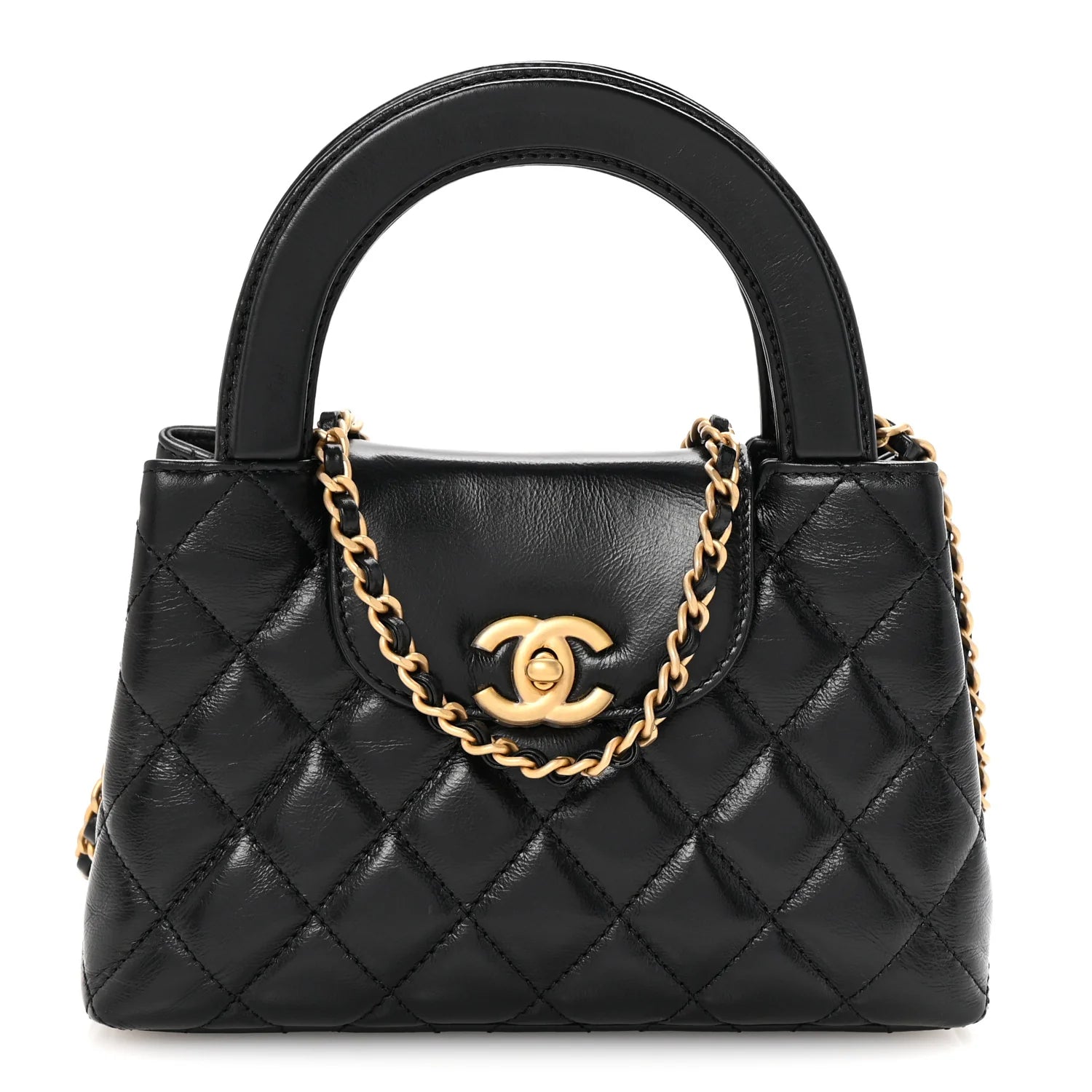 Shiny Aged Calfskin Quilted Nano Kelly Shopper Black