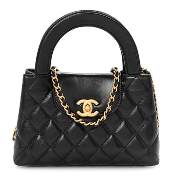 Shiny Aged Calfskin Quilted Nano Kelly Shopper Black