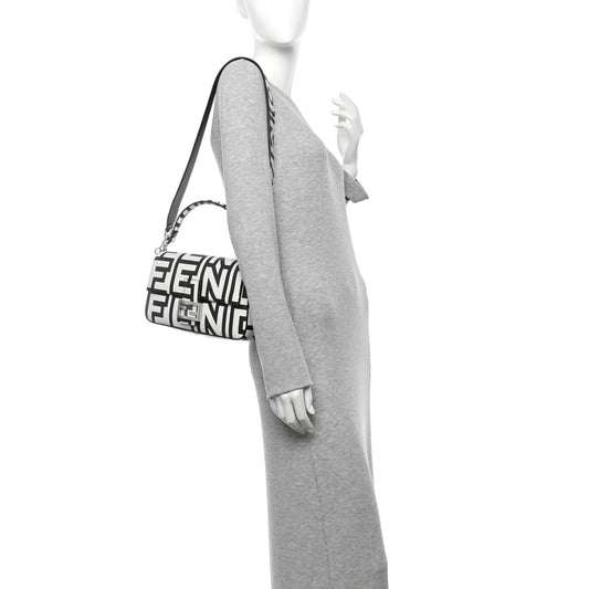 X MARC JACOBS Vitello Seta Logo Print Baguette White Black