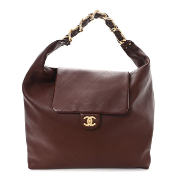 Shiny Calfskin Quilted Maxi Chain Hobo Dark Brown