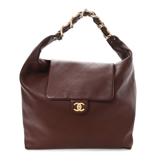 Shiny Calfskin Quilted Maxi Chain Hobo Dark Brown