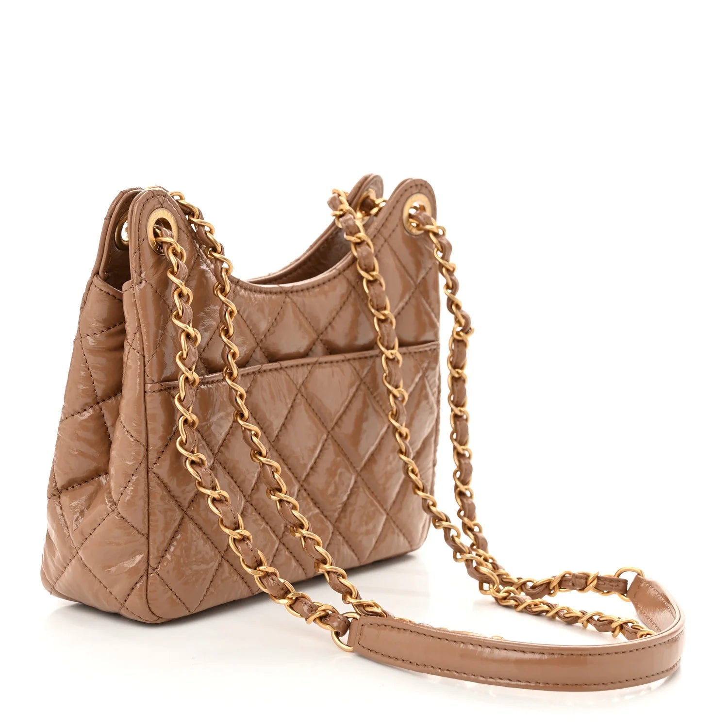 Shiny Crumpled Calfskin Quilted Small Wavy CC Hobo Dark Beige