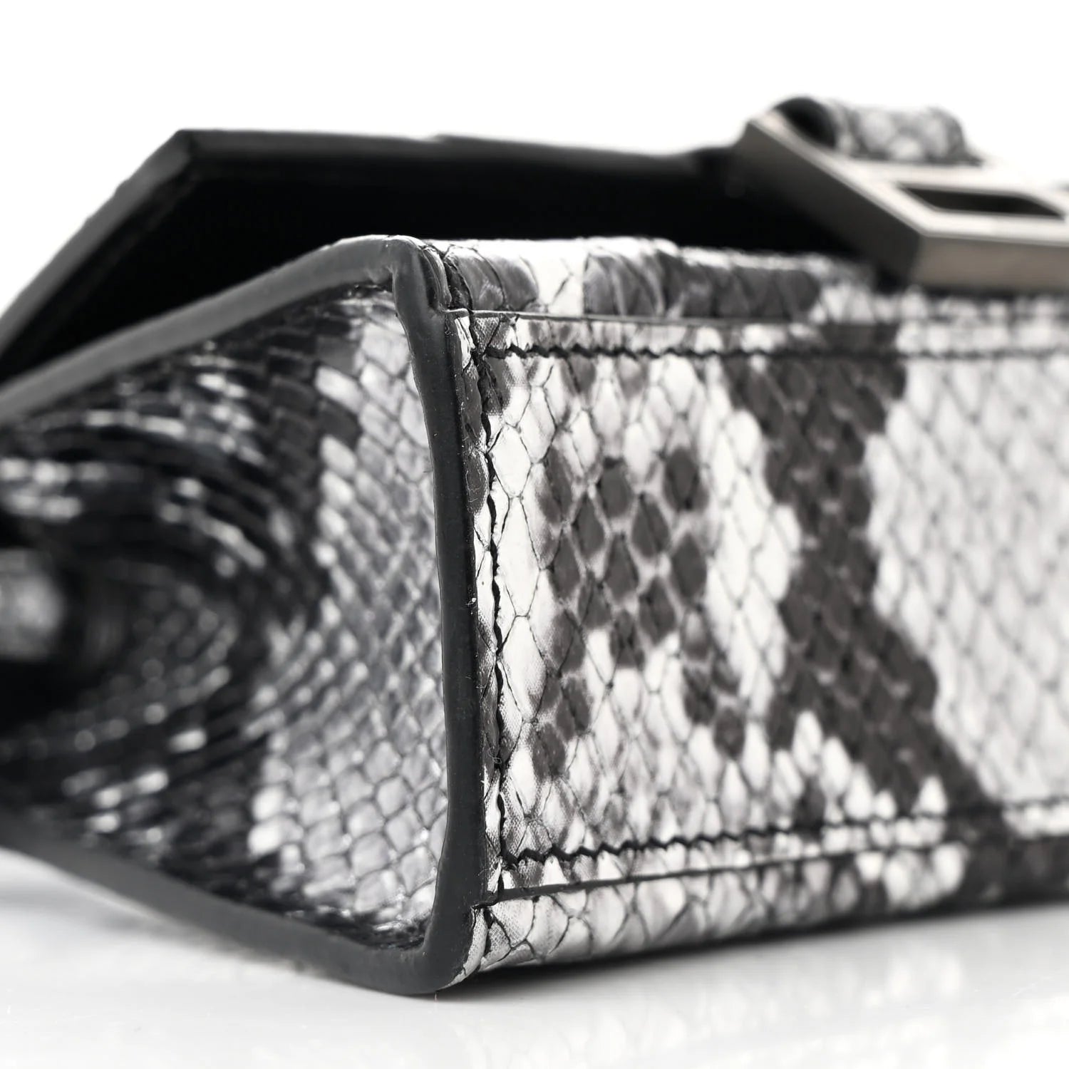 Shiny Calfskin Snakeskin Effect Hourglass Top Handle Bag Mini Silver Black