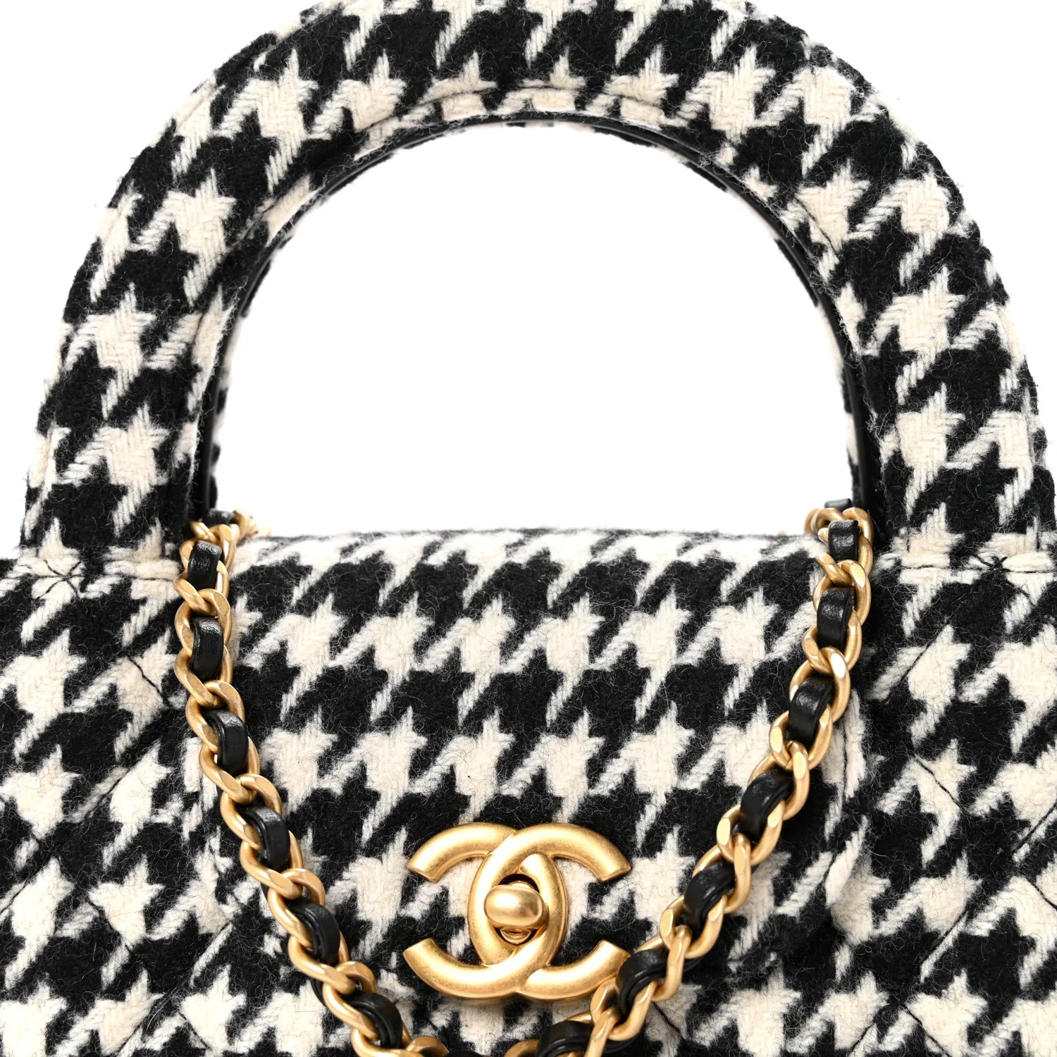 Tweed Houndstooth Quilted Nano Kelly Shopper Black White