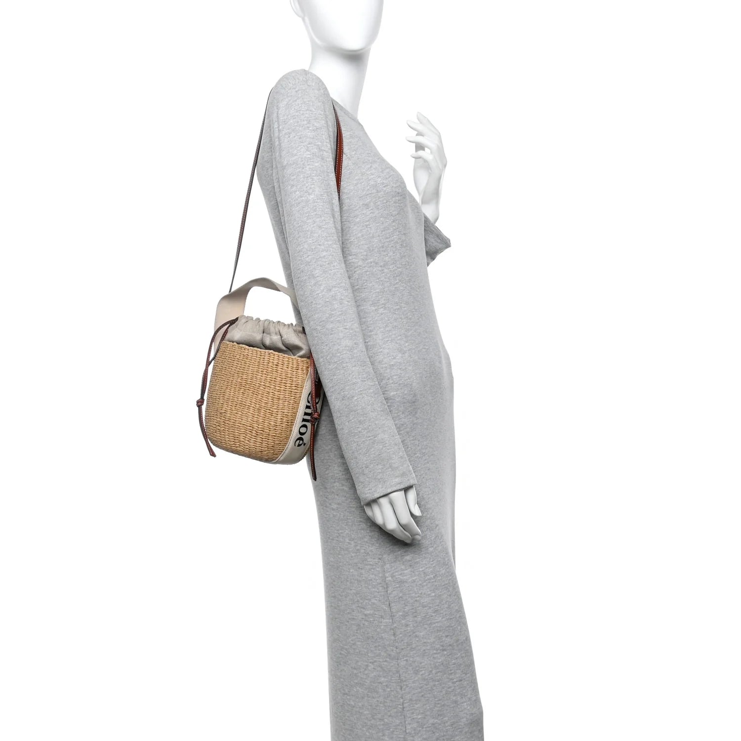 X MIFUKO Raffia Calfskin Small Woody Basket Shoulder Bag Black Beige