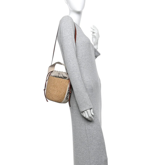 X MIFUKO Raffia Calfskin Small Woody Basket Shoulder Bag Black Beige