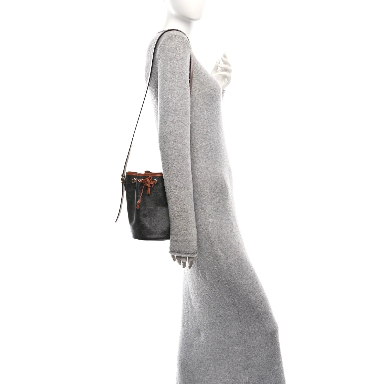 Triomphe Canvas Calfskin Small Drawstring Bucket Bag Tan