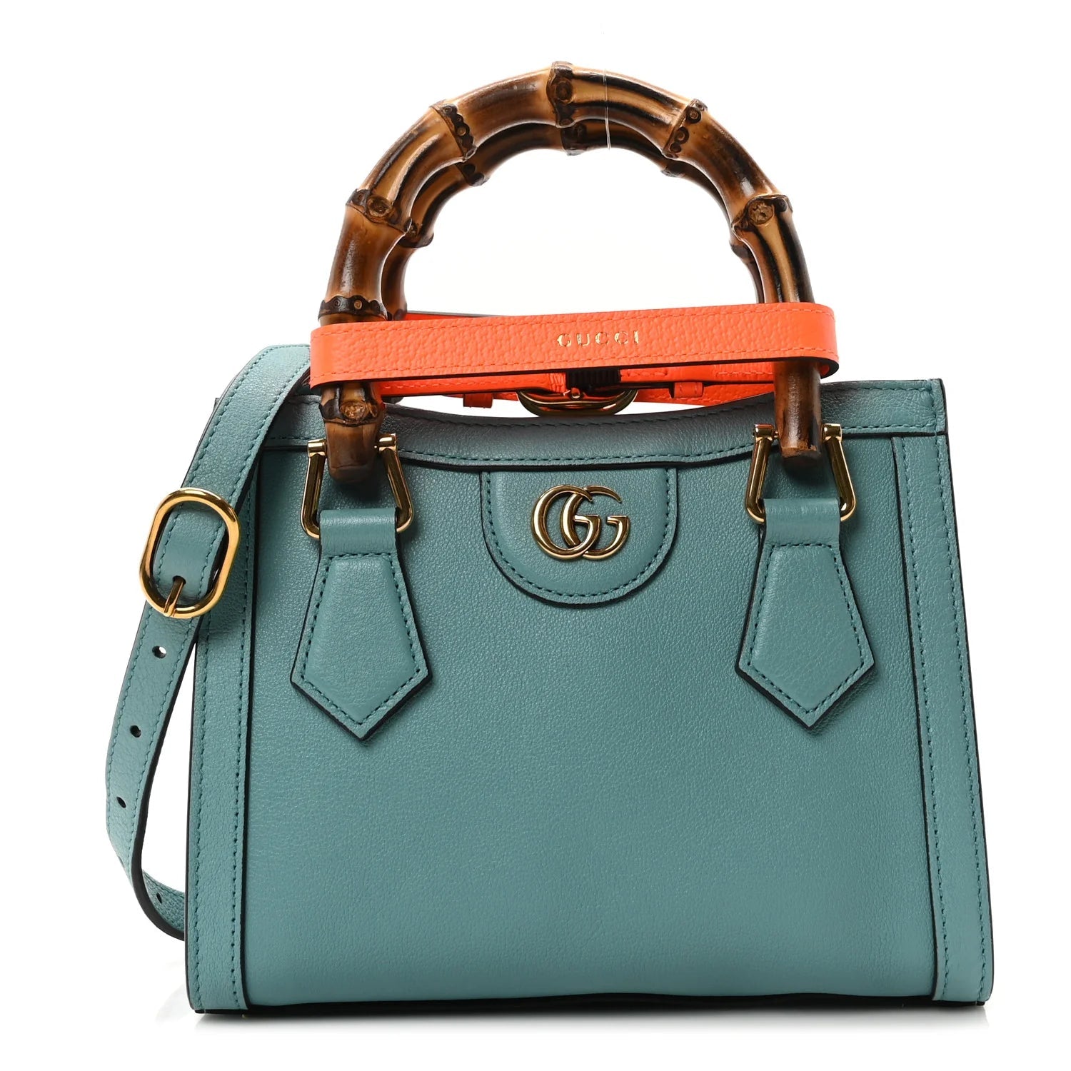 Textured Dollar Calfskin Web Mini Diana Tote Bag Dusty Azure Deep Orange