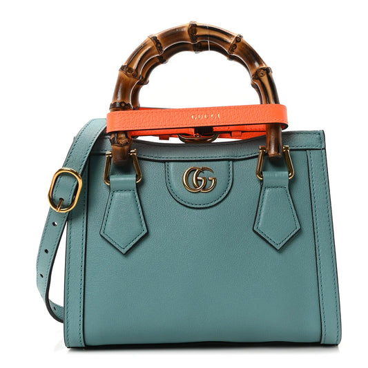 Textured Dollar Calfskin Web Mini Diana Tote Bag Dusty Azure Deep Orange