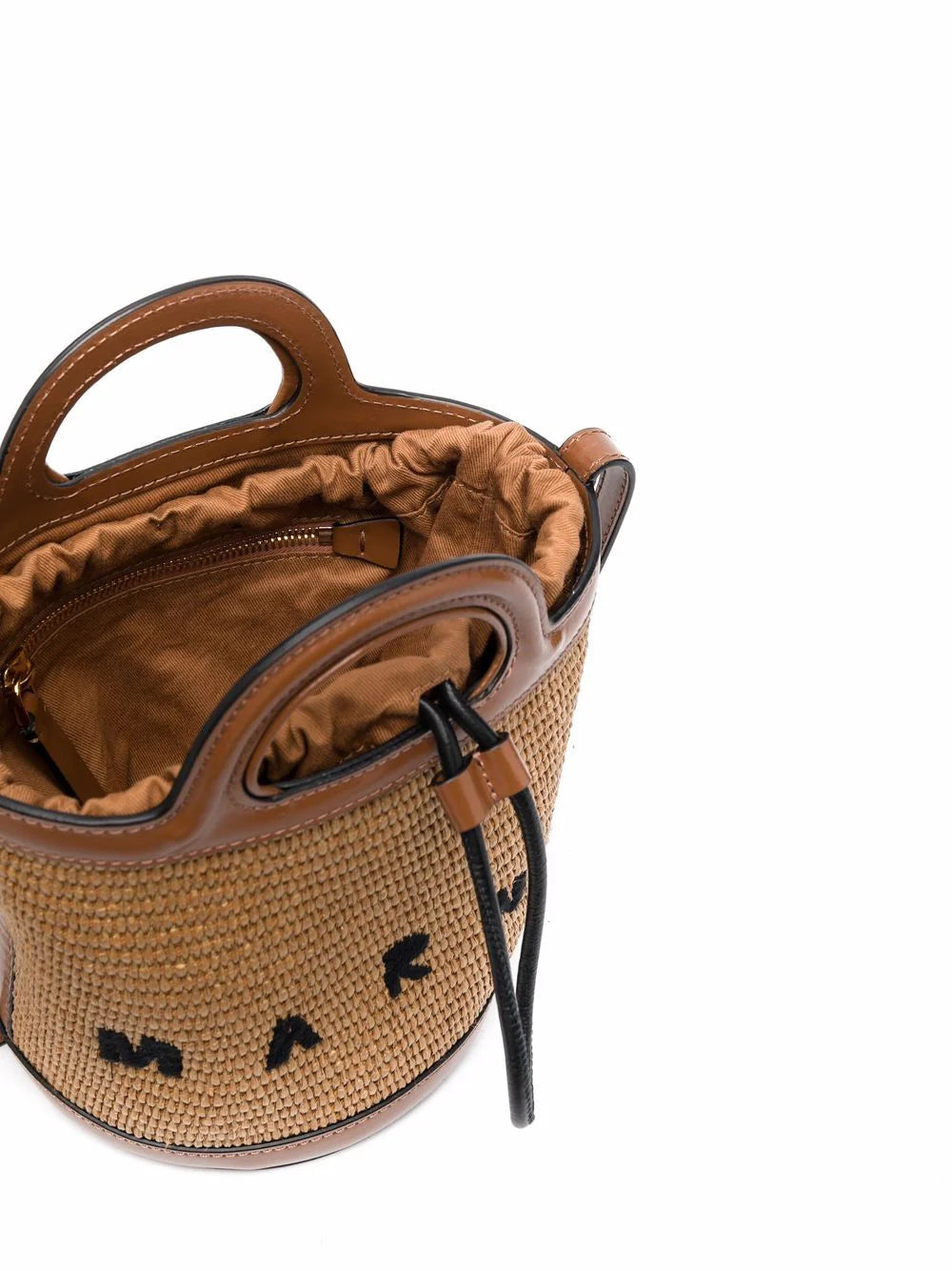 TWO-TONE LEATHER and RAFFIA TROPICALIA BUCKET BAG