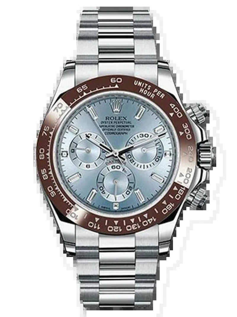 Rolex Daytona Platinum 40Mm Ice Blue Diamond Baguette Dial 116506 Id