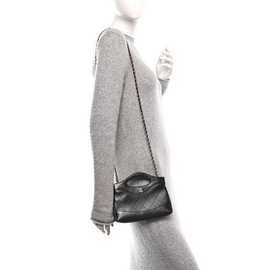 Shiny Crumpled Calfskin Quilted Nano 31 Shopping Bag Black