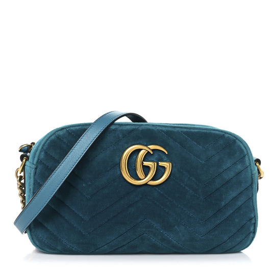 Velvet Matelasse Small GG Marmont Chain Shoulder Bag Pavone Cyan
