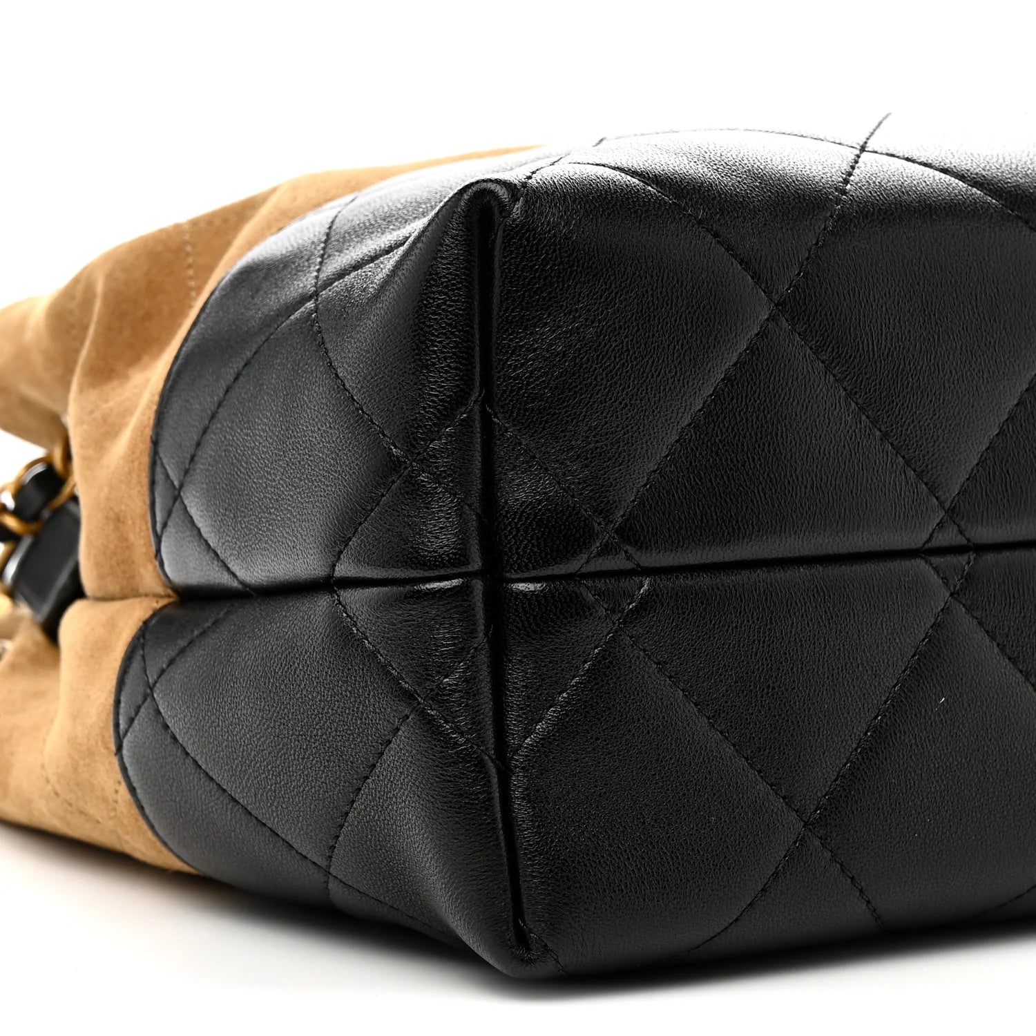 Suede Calfskin Shiny Lambskin Quilted Large Shopping Bag Beige Black