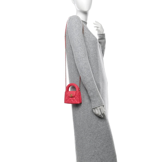 Shiny Aged Calfskin Quilted Mini Nano Kelly Shopper Dark Pink