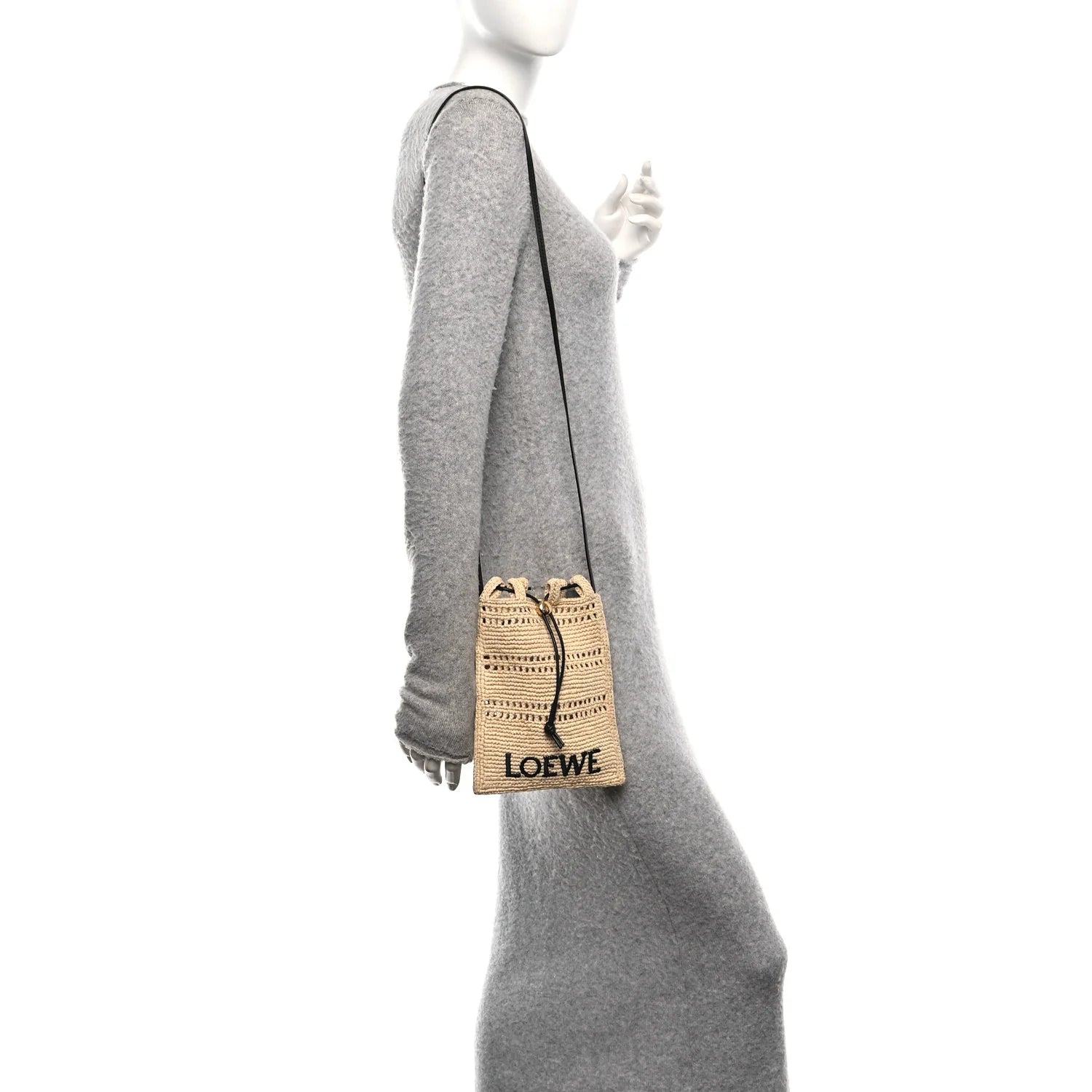 Raffia Logo Drawstring Pocket Crossbody Natural Black