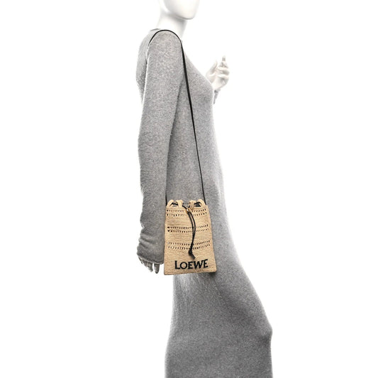 Raffia Logo Drawstring Pocket Crossbody Natural Black