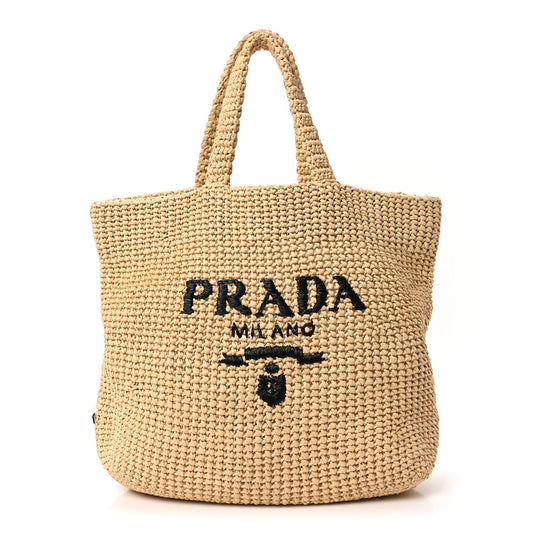 Yarn Raffia Effect Crochet Embroidered Logo Tote Naturale