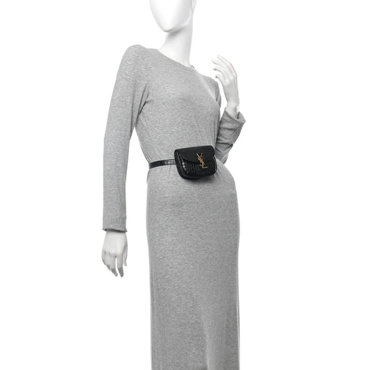 Crocodile Embossed Calfskin Small Kaia Satchel Black