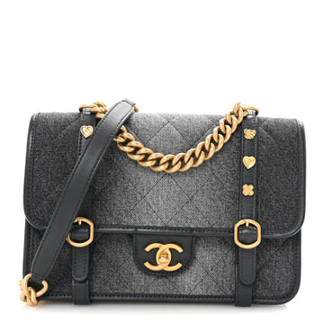 Washed Denim Quilted Messenger Flap Black