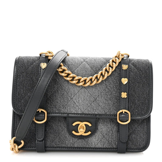 Washed Denim Quilted Messenger Flap Black
