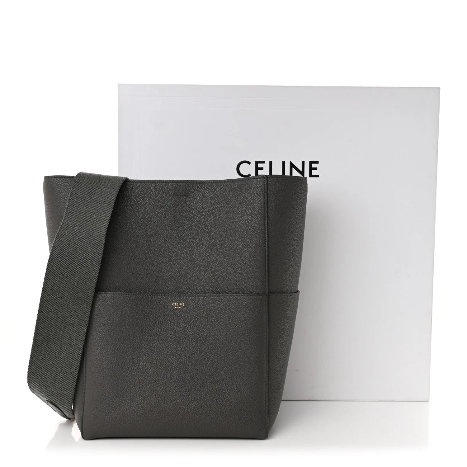 Soft Grained Calfskin Sangle Bucket Bag Grey