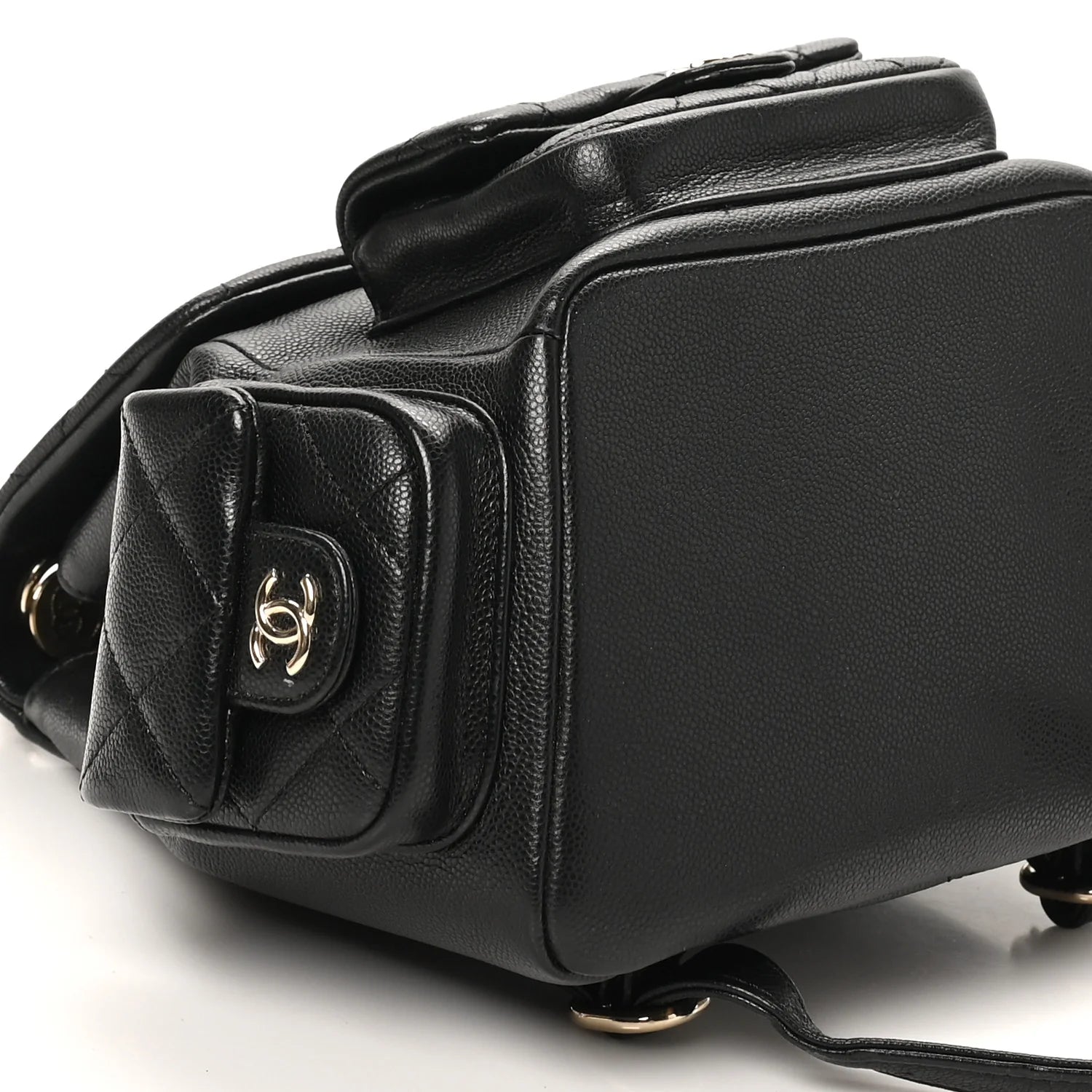 Shiny Caviar Quilted Small Pockets Drawstring Backpack Black