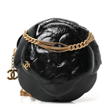 Patent Lambskin Camellia Bouquet Clutch with Chain Black