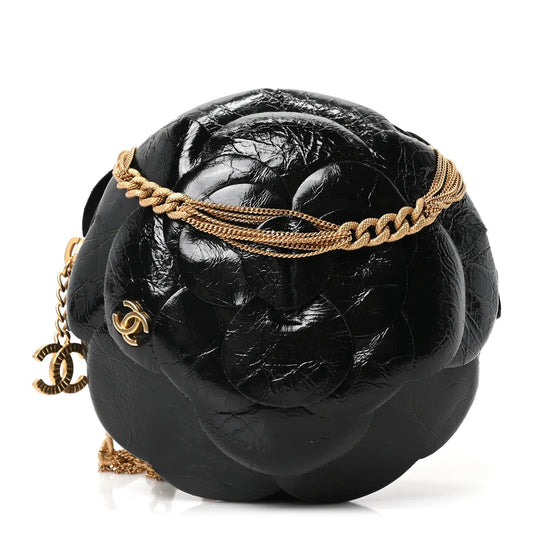 Patent Lambskin Camellia Bouquet Clutch with Chain Black