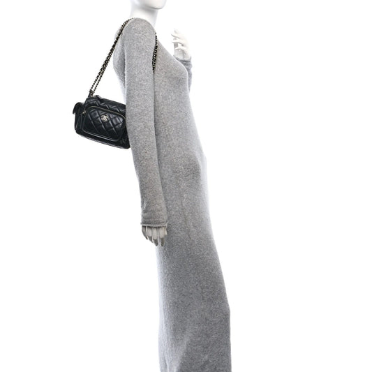 Shiny Crumpled Lambskin Quilted Small Preppy Pocket Camera Case Black