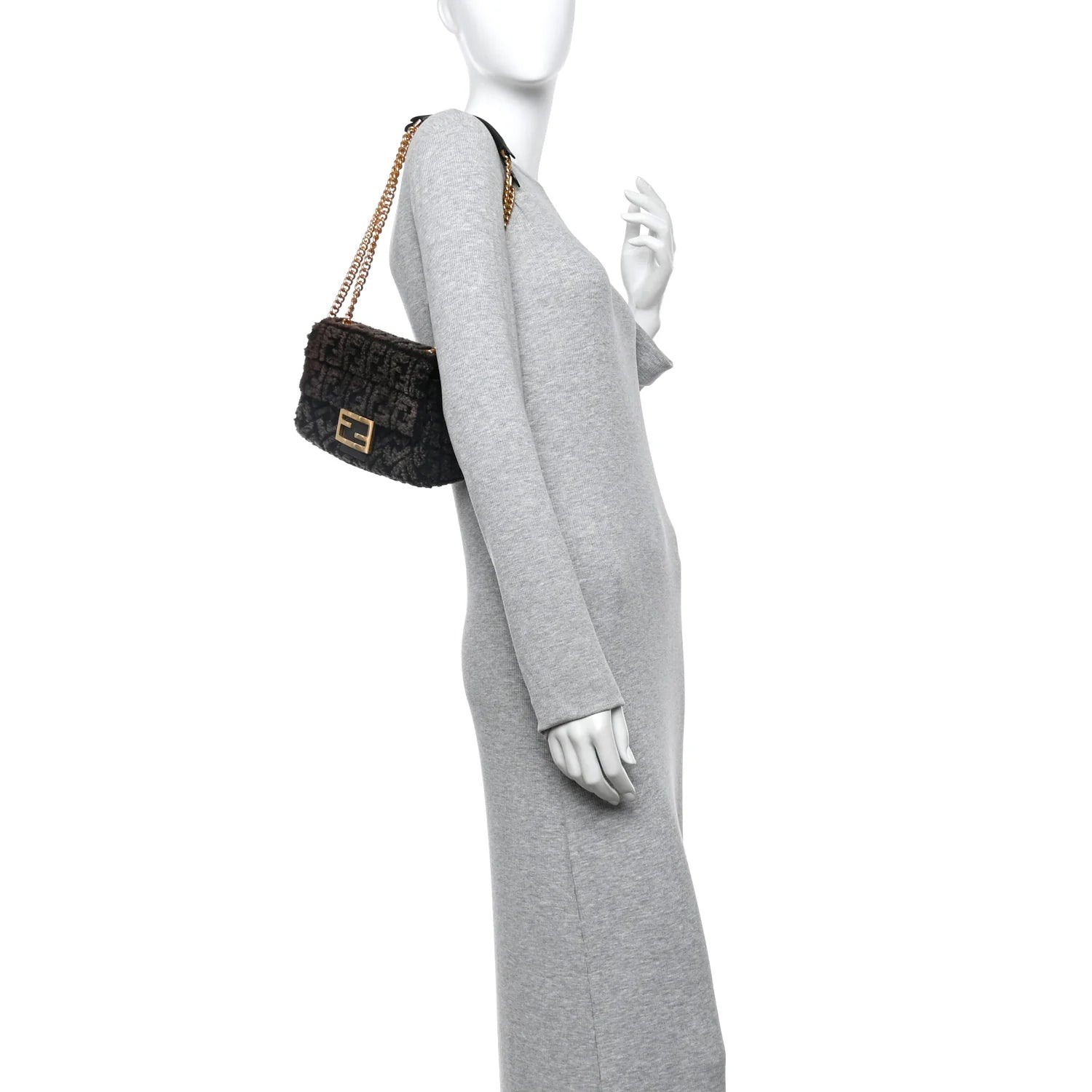 Shearling FF Midi Chain Baguette Ebano