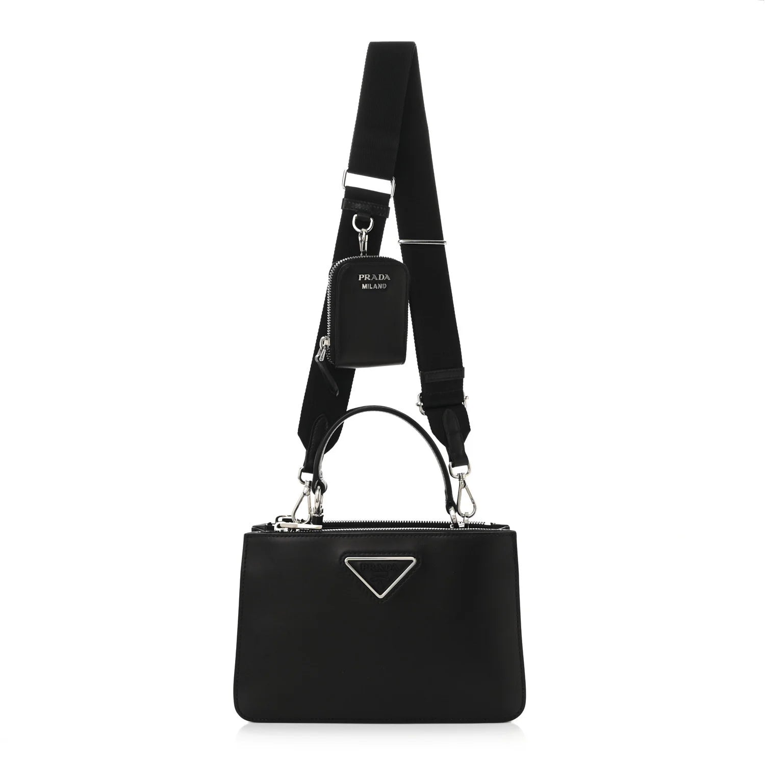 City Calf Double Zip Shoulder Bag Black