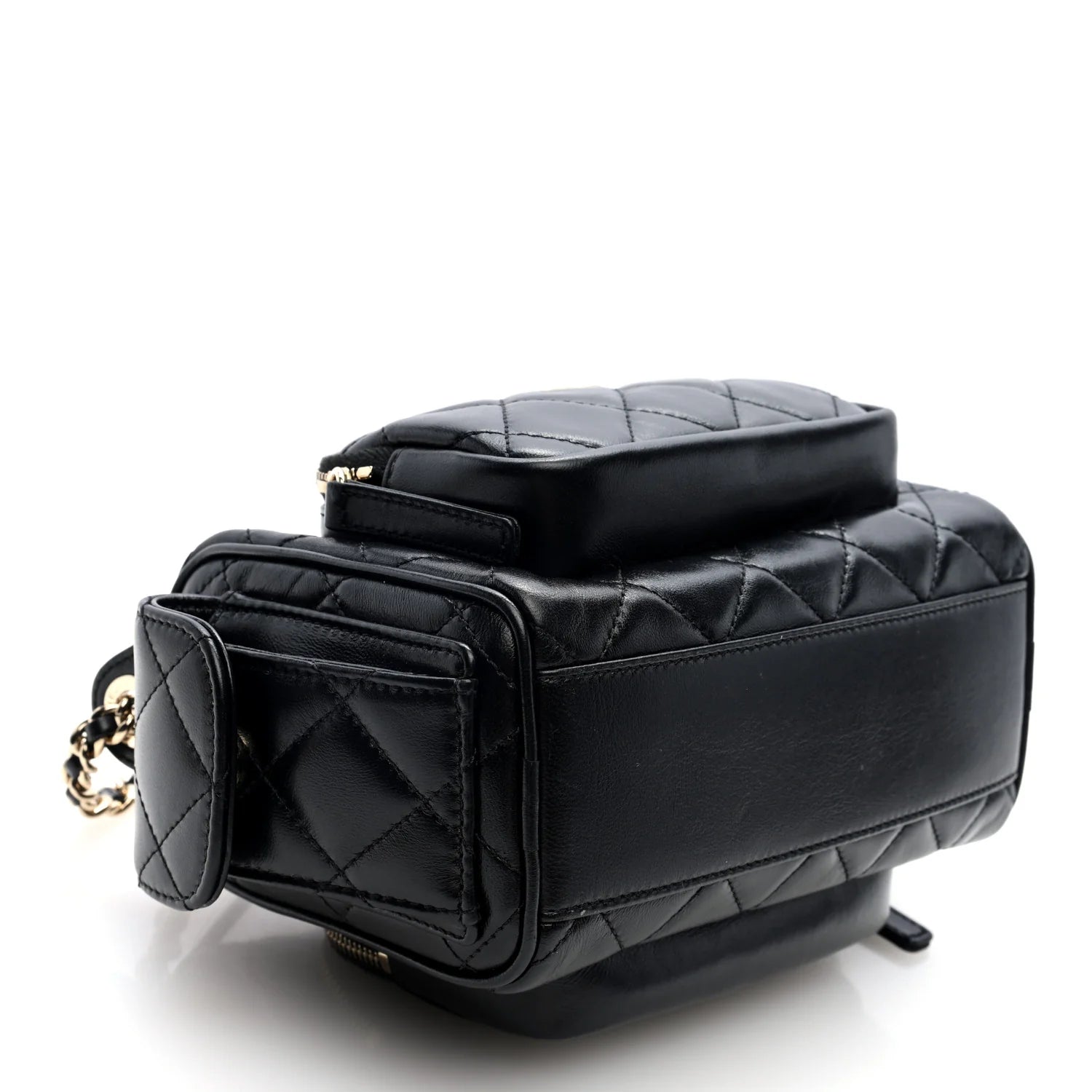 Shiny Crumpled Lambskin Quilted Small Preppy Pocket Camera Case Black